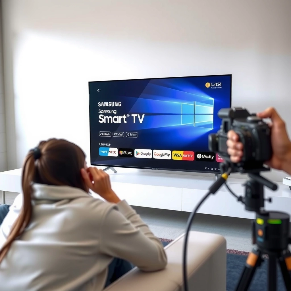 Illustration of Samsung Smart TV power button, remote control basics, and home screen layout.