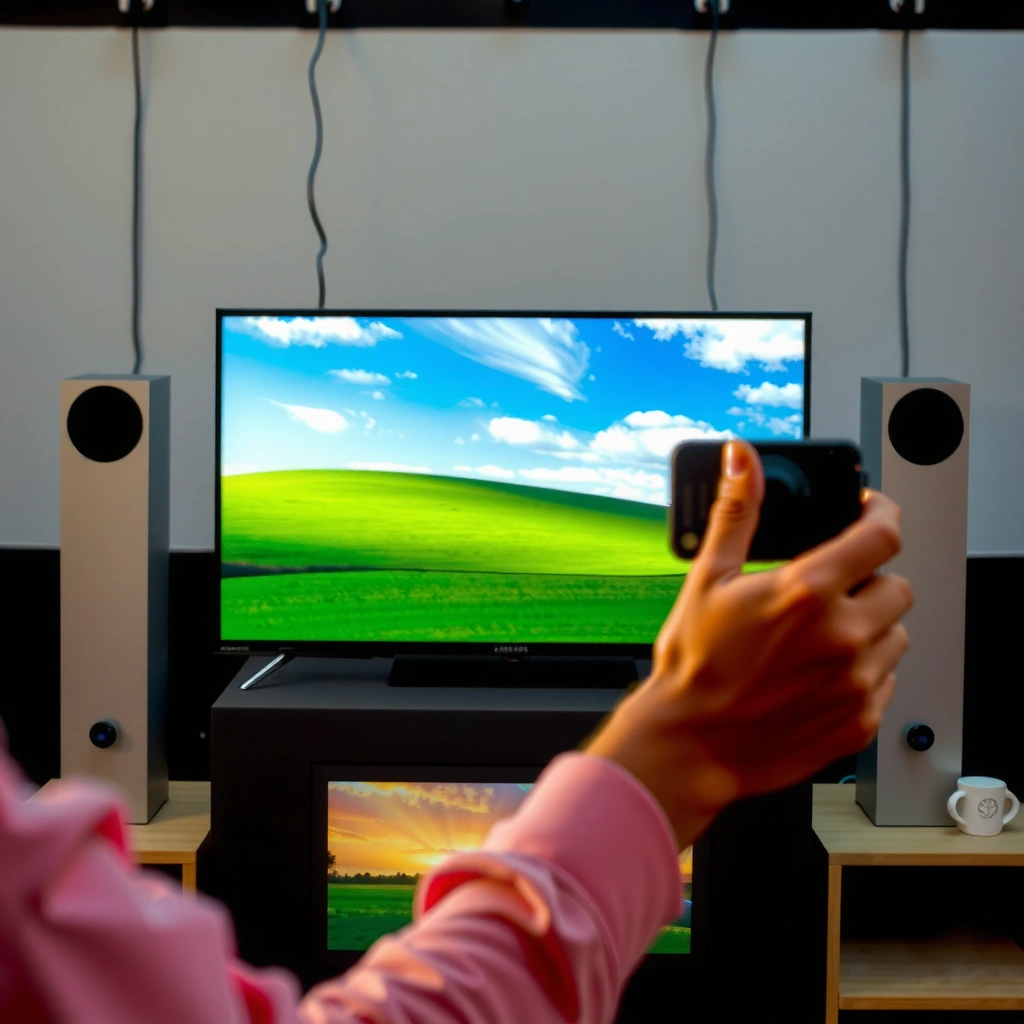 A person checking compatibility between a Samsung Smart TV and a device for screen sharing.