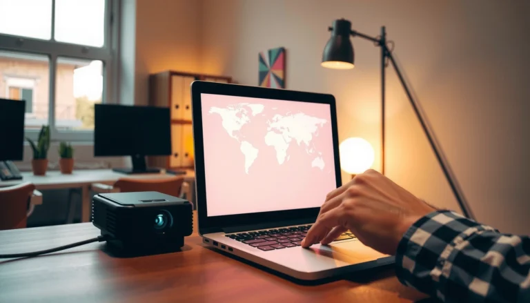 A person demonstrating how to share their screen with a projector in a meeting room.