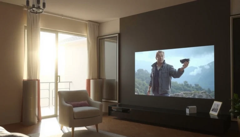 A short throw projector setup showing performance in daylight conditions, illustrating its usability.
