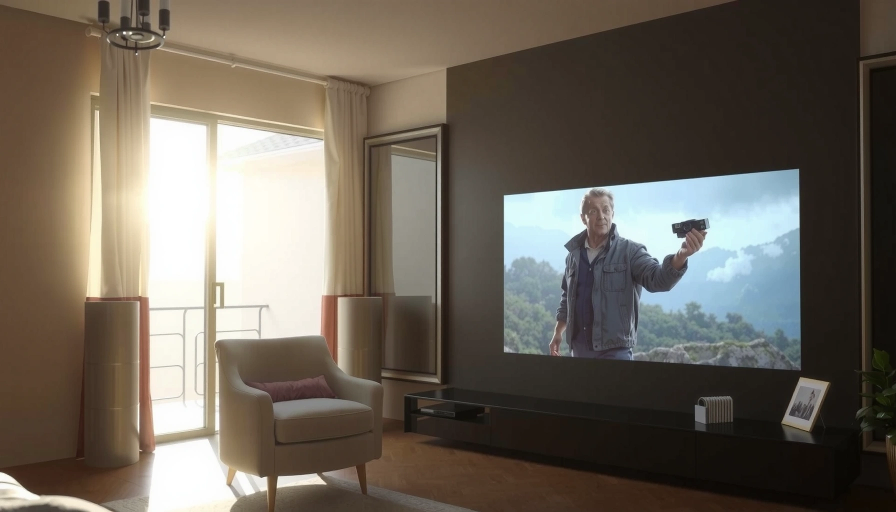 A short throw projector setup showing performance in daylight conditions, illustrating its usability.
