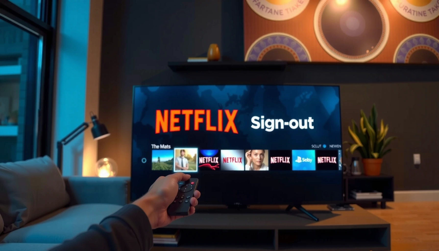 User signing out of Netflix on a Smart TV screen with the Netflix logo displayed.
