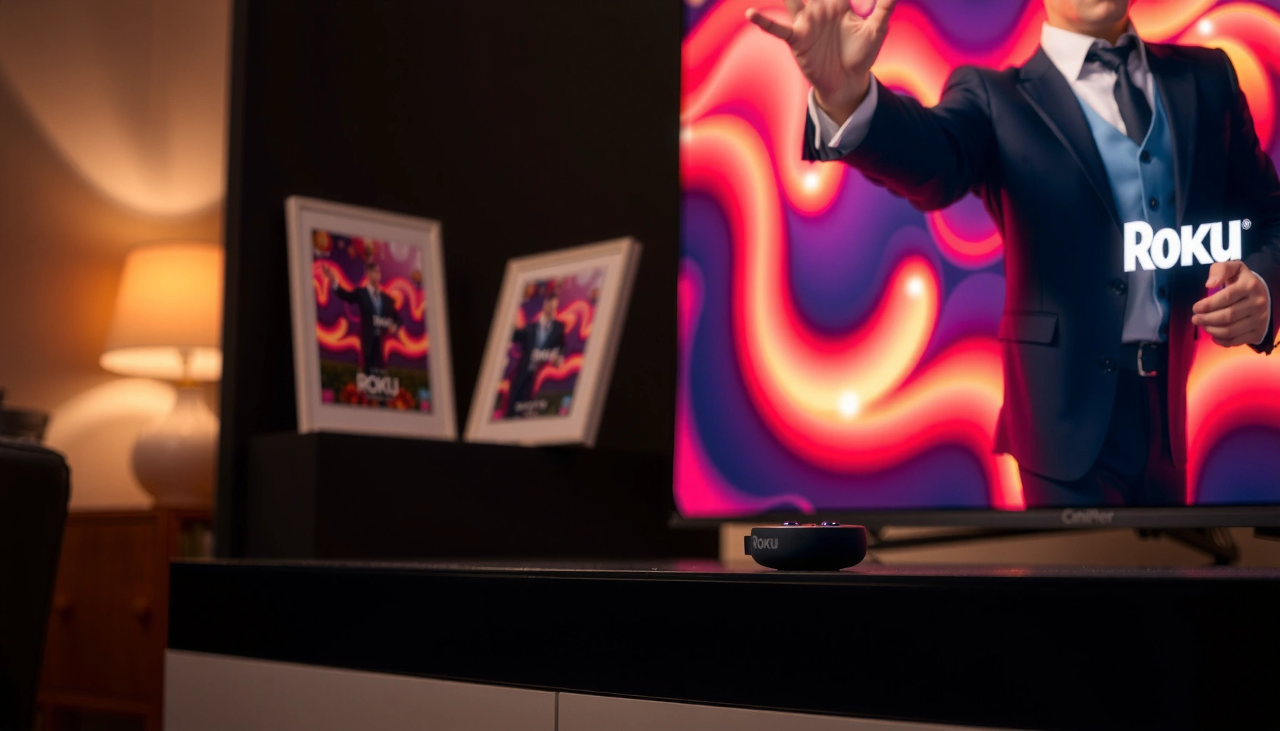 A Roku device connected to a TV, illustrating the compatibility with smart TVs.
