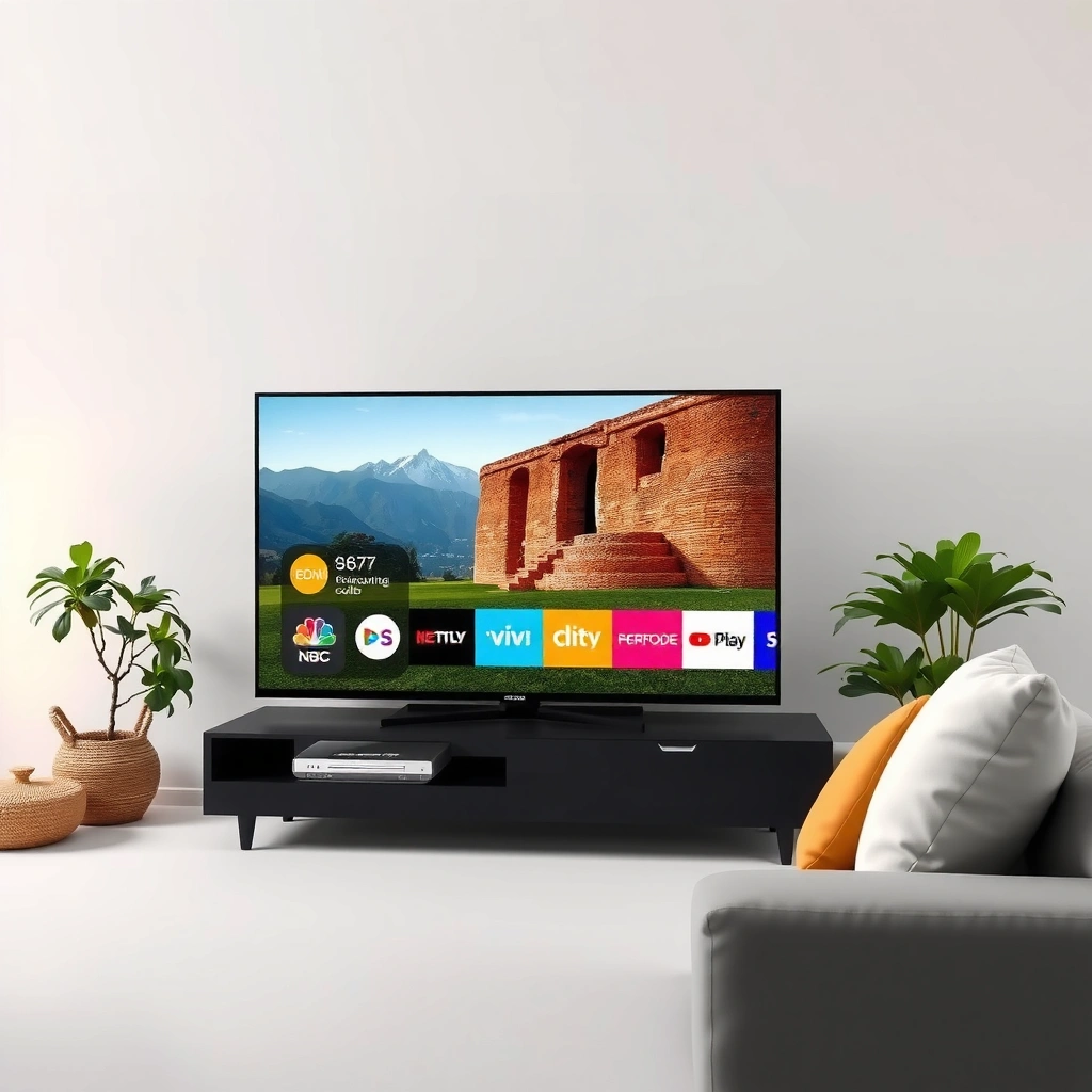 A user checking if their Smart TV supports app downloads with a remote control.