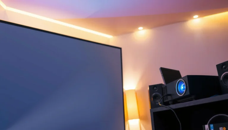 A projector setup with a speaker, illustrating the need for audio in presentations and movies.