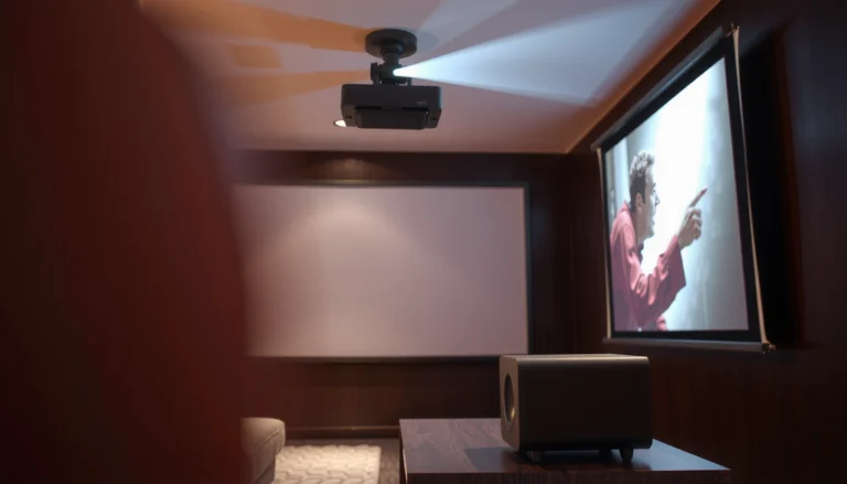 A projector setup with speakers, illustrating the need for audio in presentations and movies.