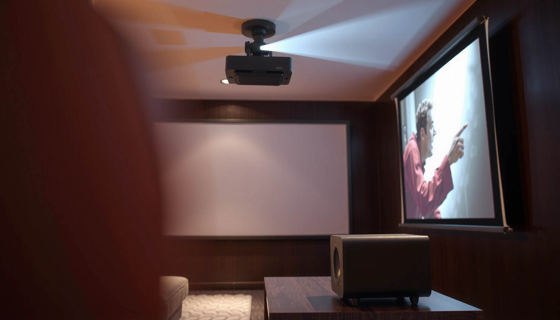 A projector setup with speakers, illustrating the need for audio in presentations and movies.