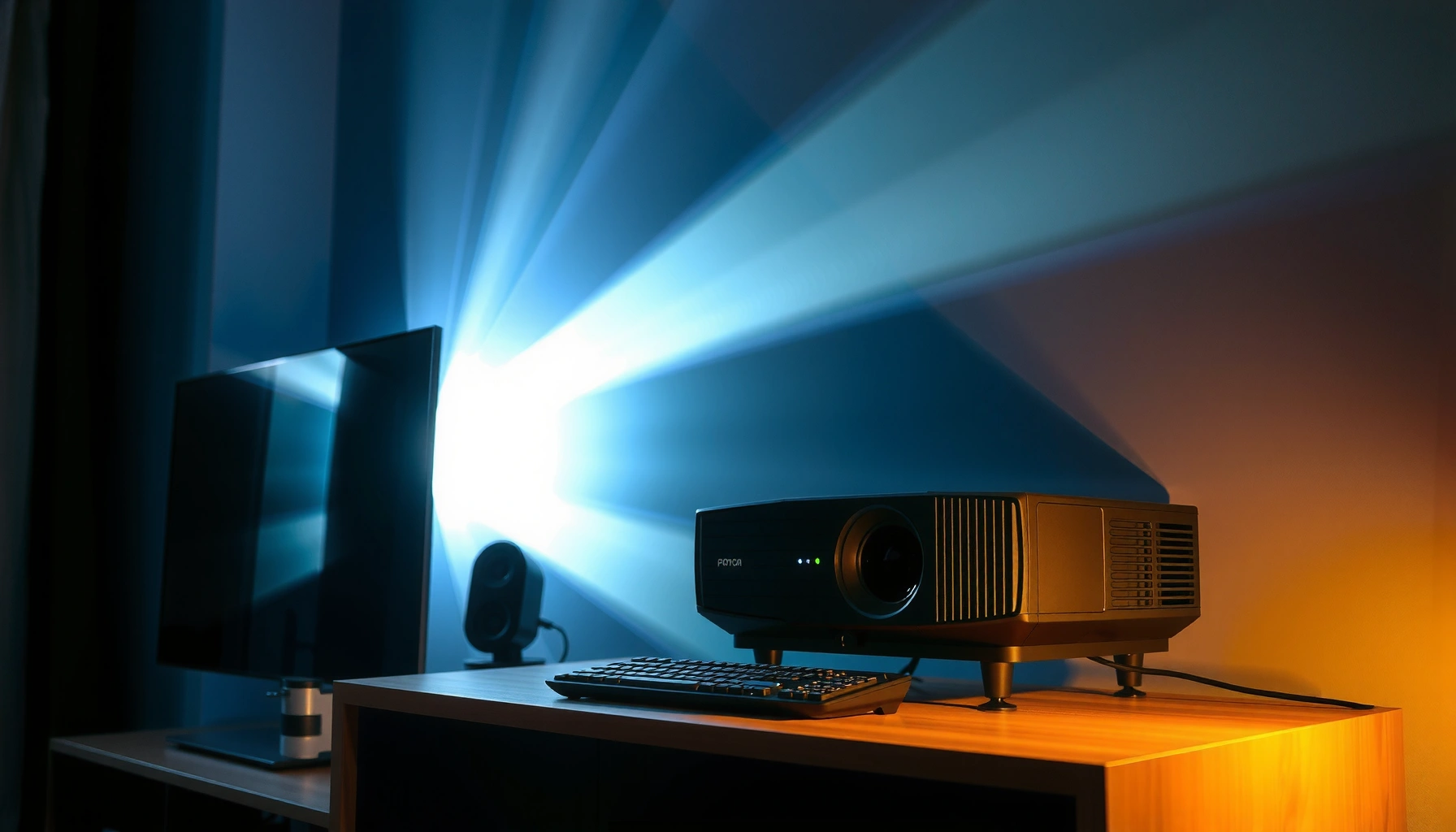 A projector setup with speakers, illustrating the need for audio in presentations and movies.