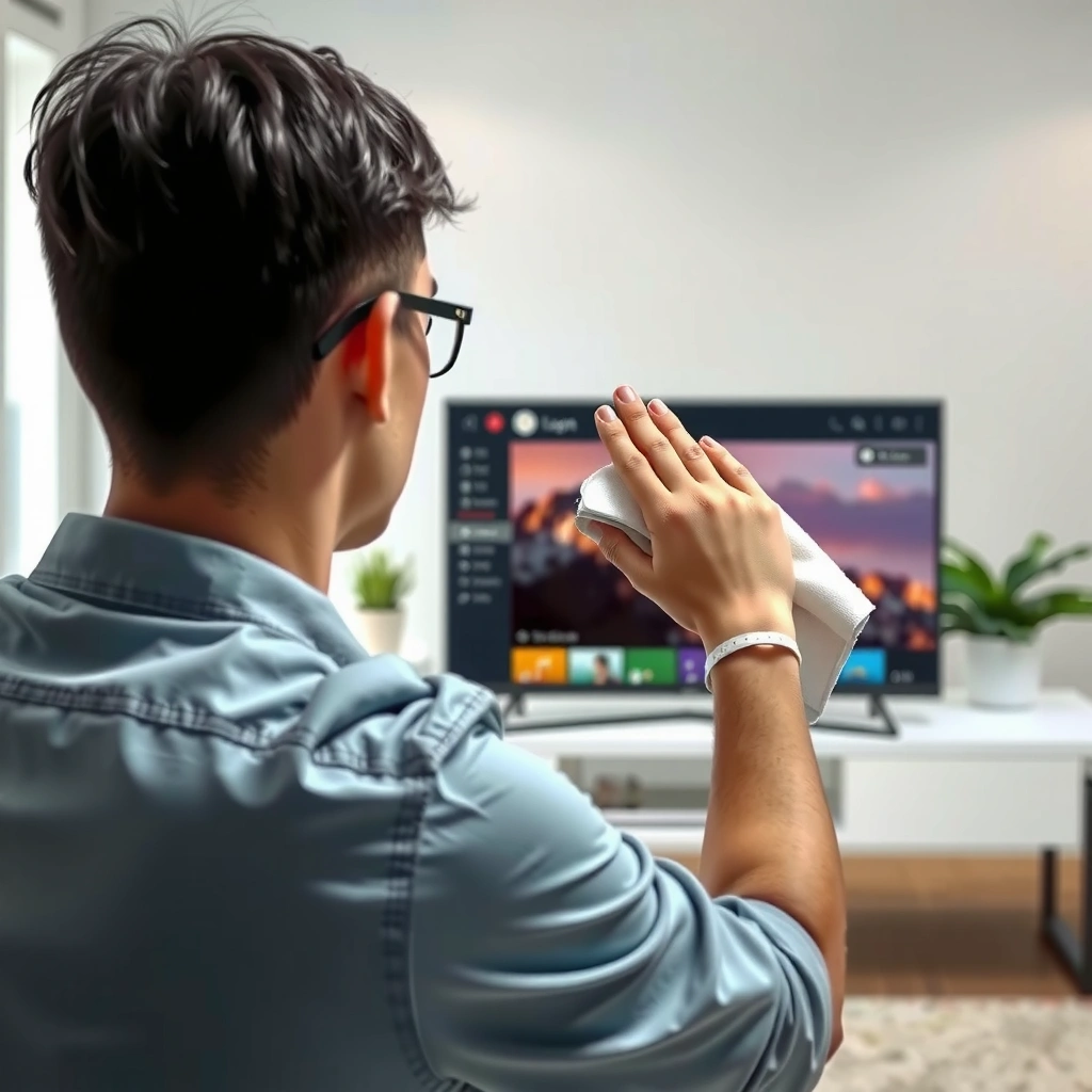 Various supplies needed for cleaning a smart TV screen, including microfiber cloth and cleaning solution.