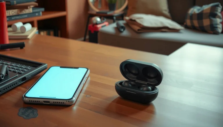 Image showing steps to find lost earbuds with a smartphone and earbuds in focus.