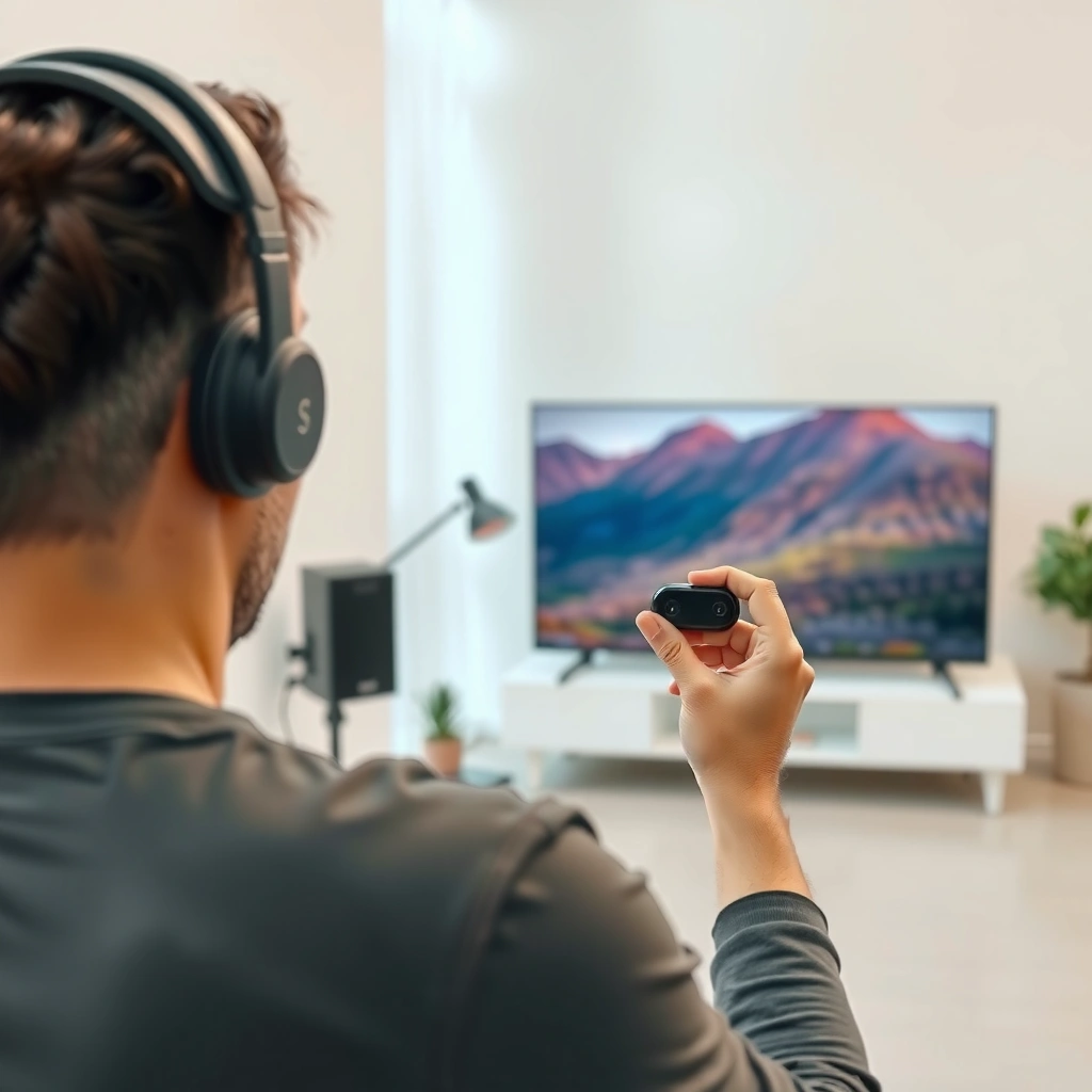 A person checking compatibility between wireless earbuds and TV for connection.