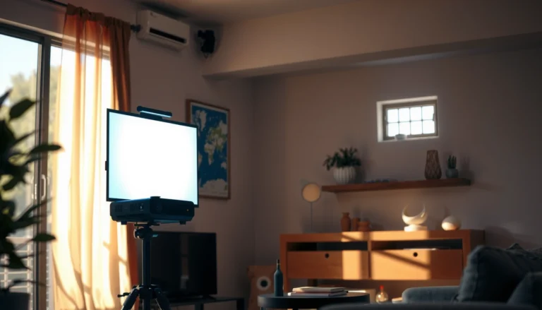 A TV projector set up in a bright room, demonstrating its performance in daylight conditions.