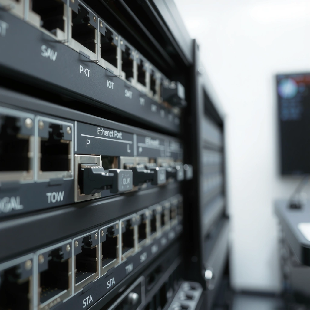 Illustration showing different types of Ethernet ports and their uses in networking devices.