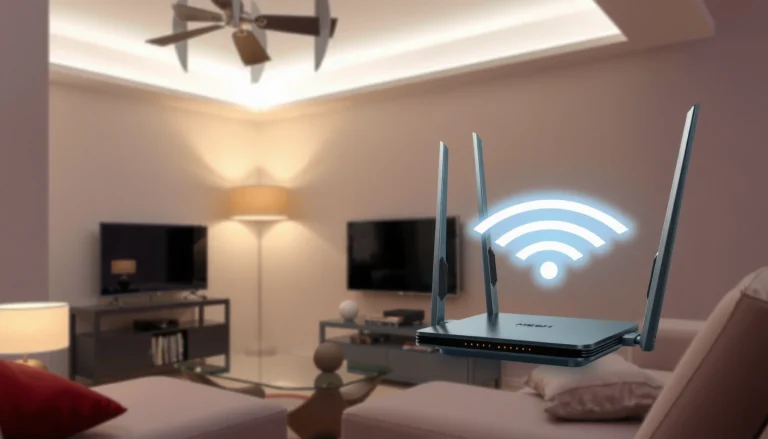 Illustration of a mesh WiFi system showing multiple nodes providing seamless internet coverage.