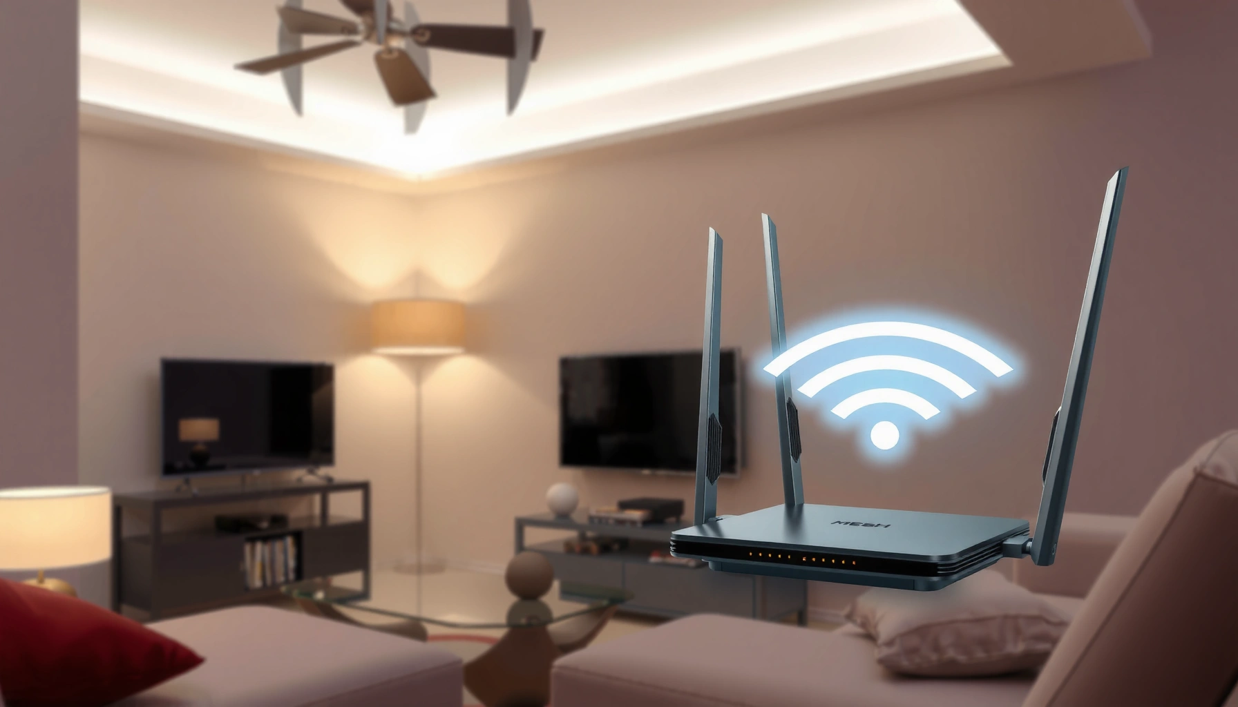 Illustration of a mesh WiFi system showing multiple nodes providing seamless internet coverage.