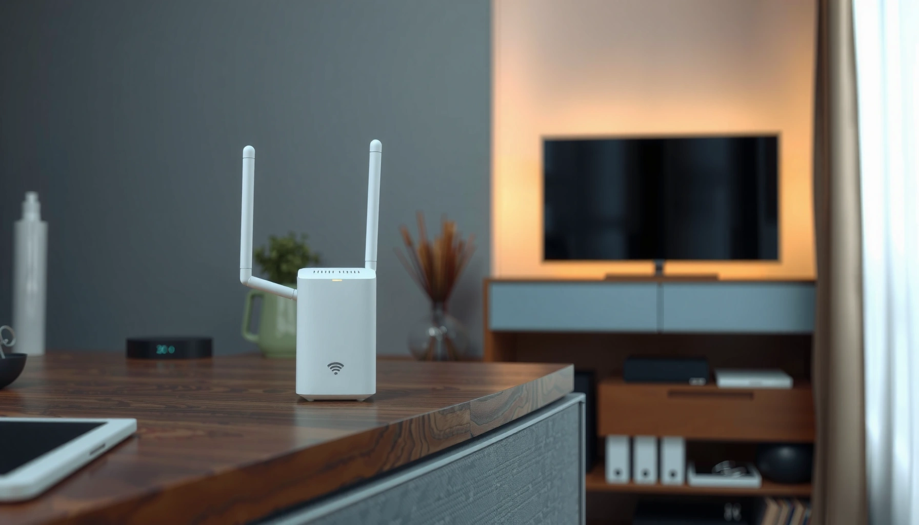 A WiFi extender device enhancing wireless signal strength in a home setting.