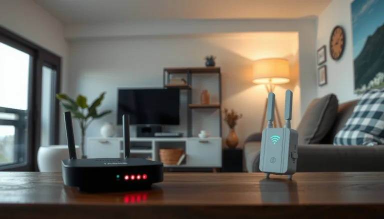 Illustration of WiFi repeaters extending wireless signal range in a home environment.