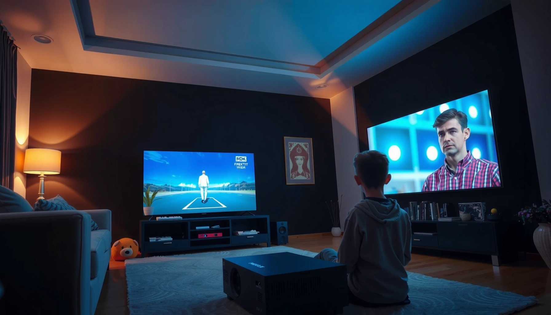A person setting up a projector to watch TV in a living room environment.