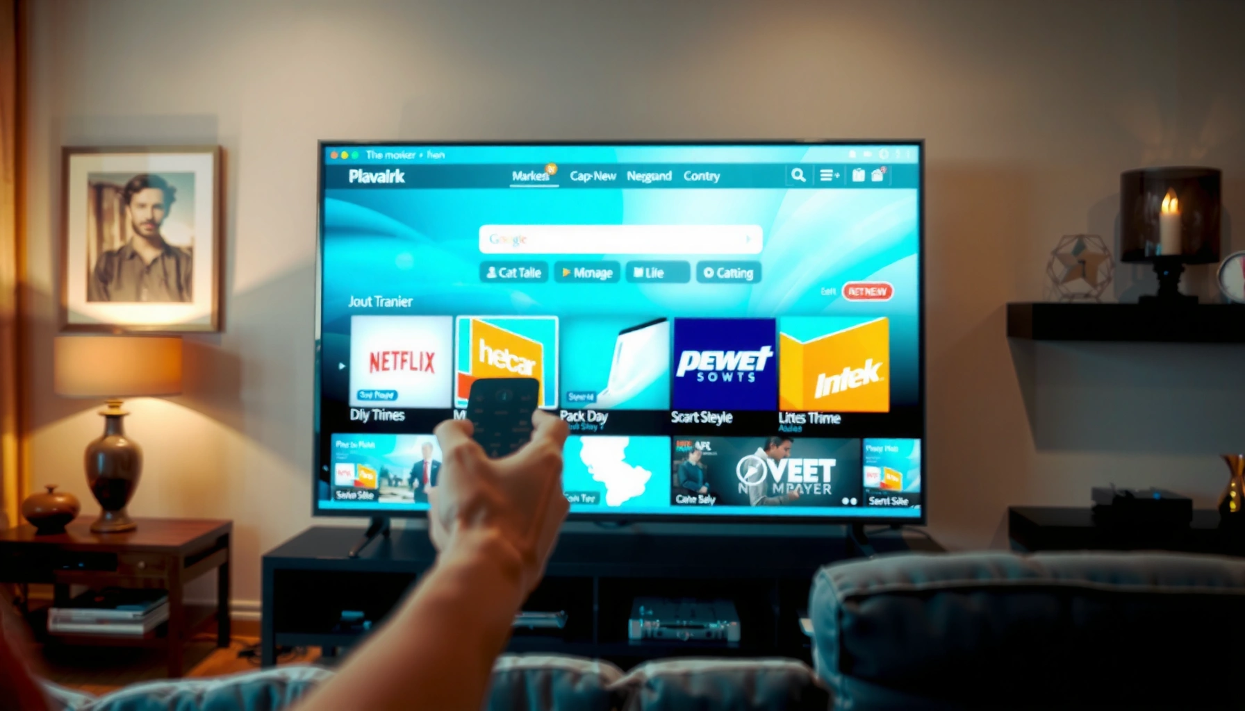 A person using a Smart TV to browse the internet, showcasing streaming apps and web browsing features.