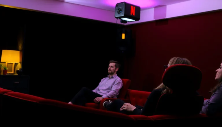 A projector displaying Netflix content with a comfortable home setup.