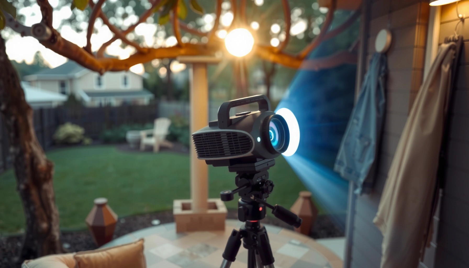 A projector set up outside during daylight, demonstrating tips for outdoor viewing.