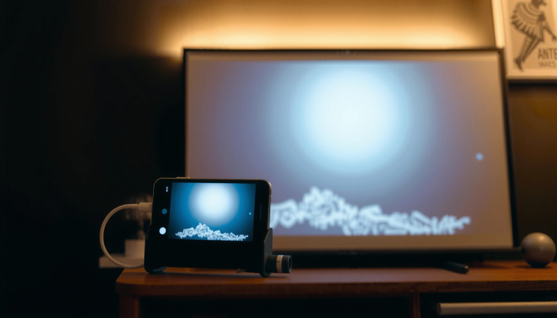 A person connecting an iPhone to a projector for presentations or movie viewing.