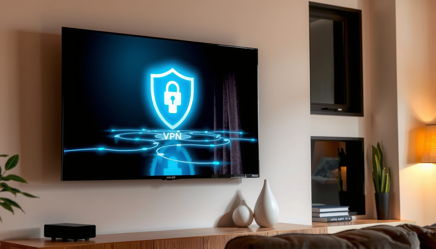 A smart TV displaying a VPN setup guide for streaming securely.