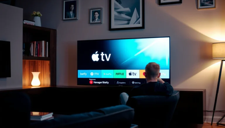 A person using Apple TV on a smart TV, showcasing streaming options and interface.