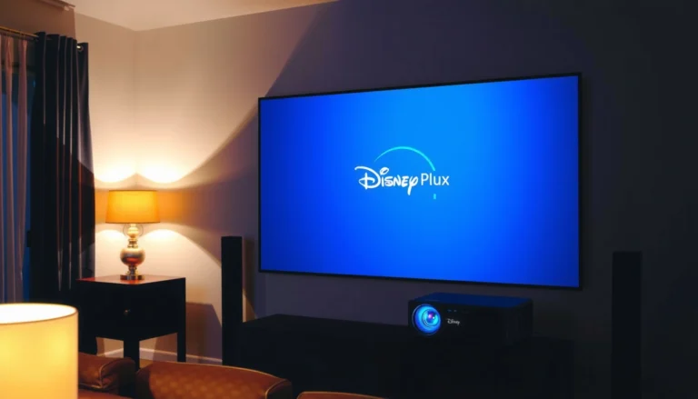 A projector displaying Disney Plus content on a screen in a cozy home setting.