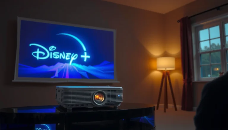 Person setting up a projector to watch Disney Plus content at home.