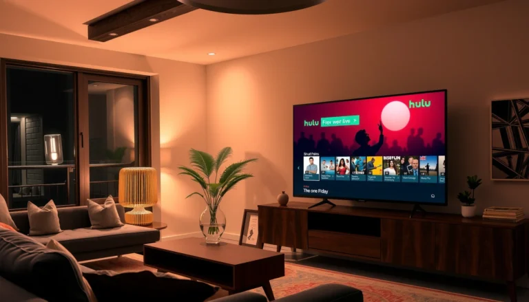 Person using a smart TV to watch Hulu Live TV with a remote control.