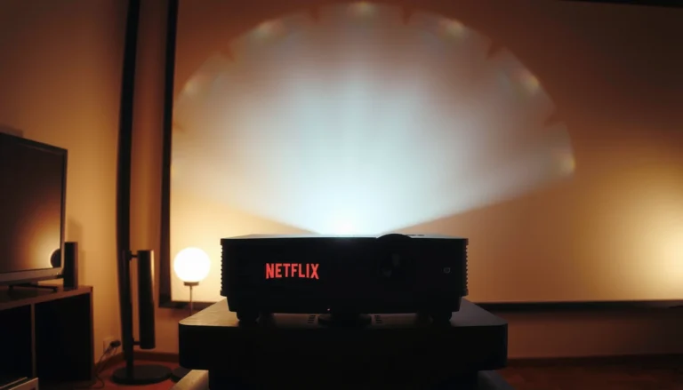 A projector displaying Netflix content in a home theater setup, illustrating how to watch Netflix on a projector.