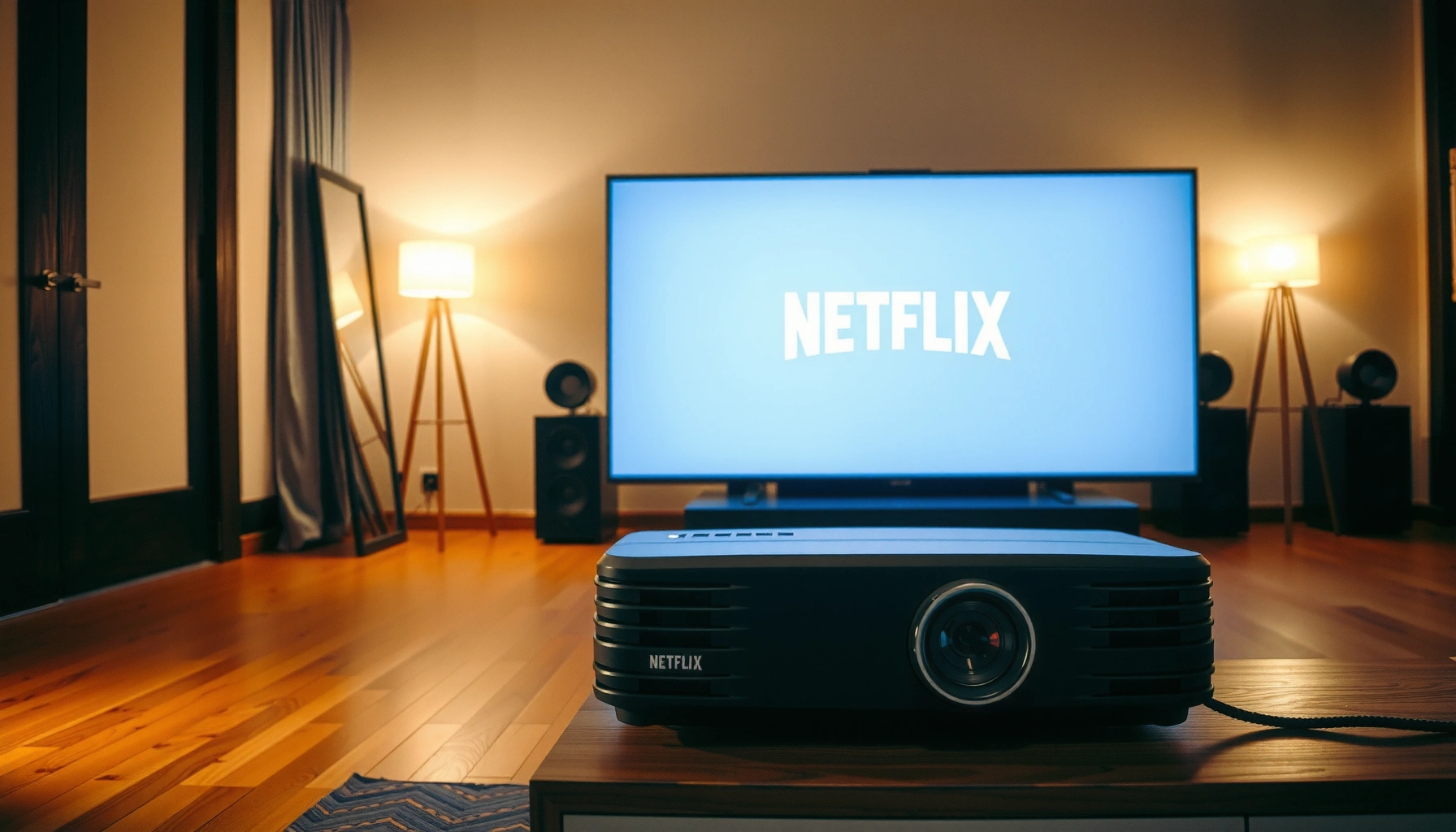 A projector displaying Netflix content with a cozy viewing setup.