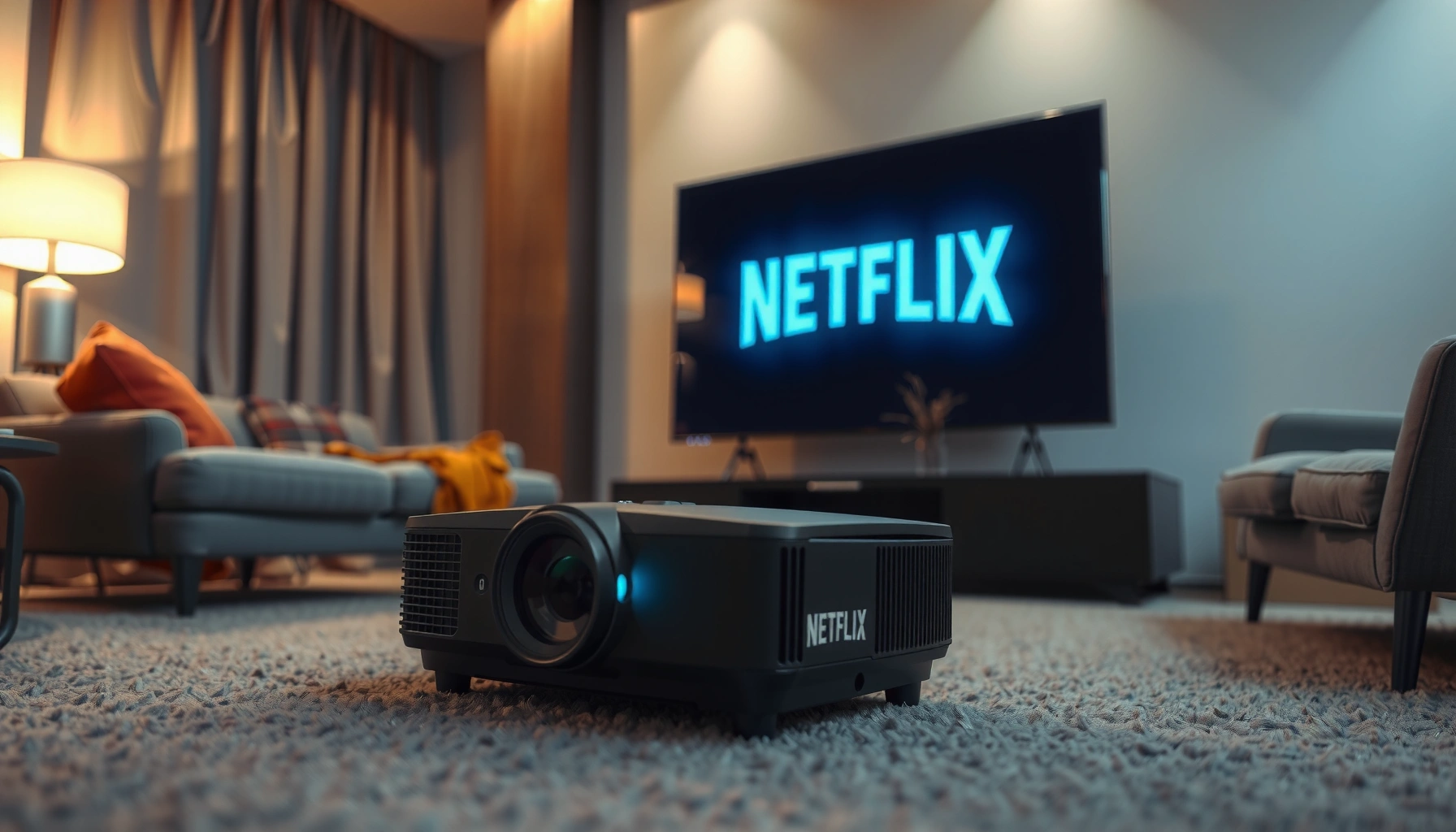 Person setting up a projector to stream Netflix content at home.