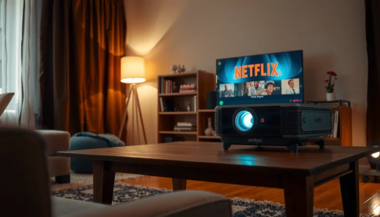 A Vankyo projector displaying Netflix content on a screen in a cozy home setting.