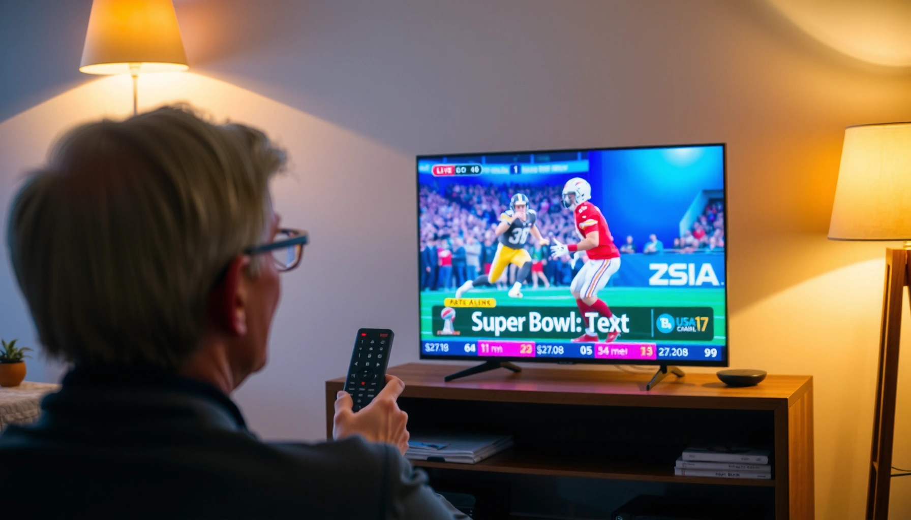 A person setting up a Smart TV to watch the Super Bowl with streaming apps and cable options.