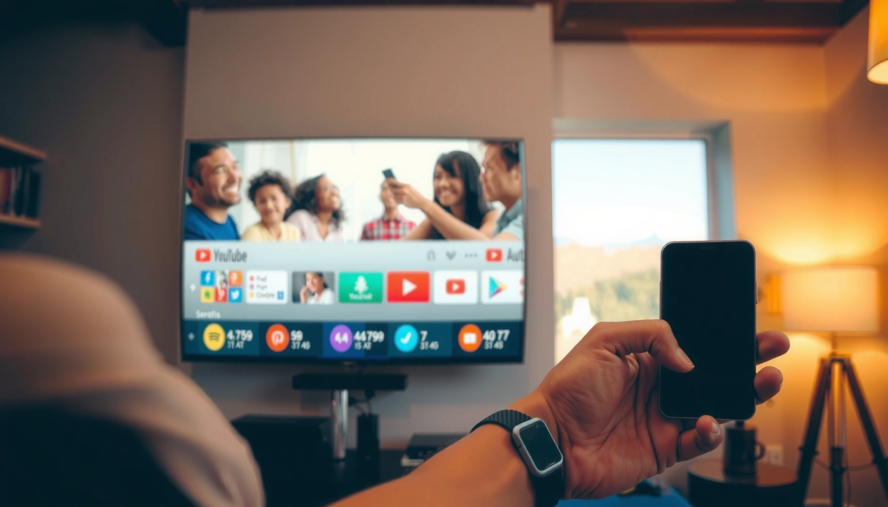 A person using a smart TV to watch YouTube, showcasing the app interface and remote control.