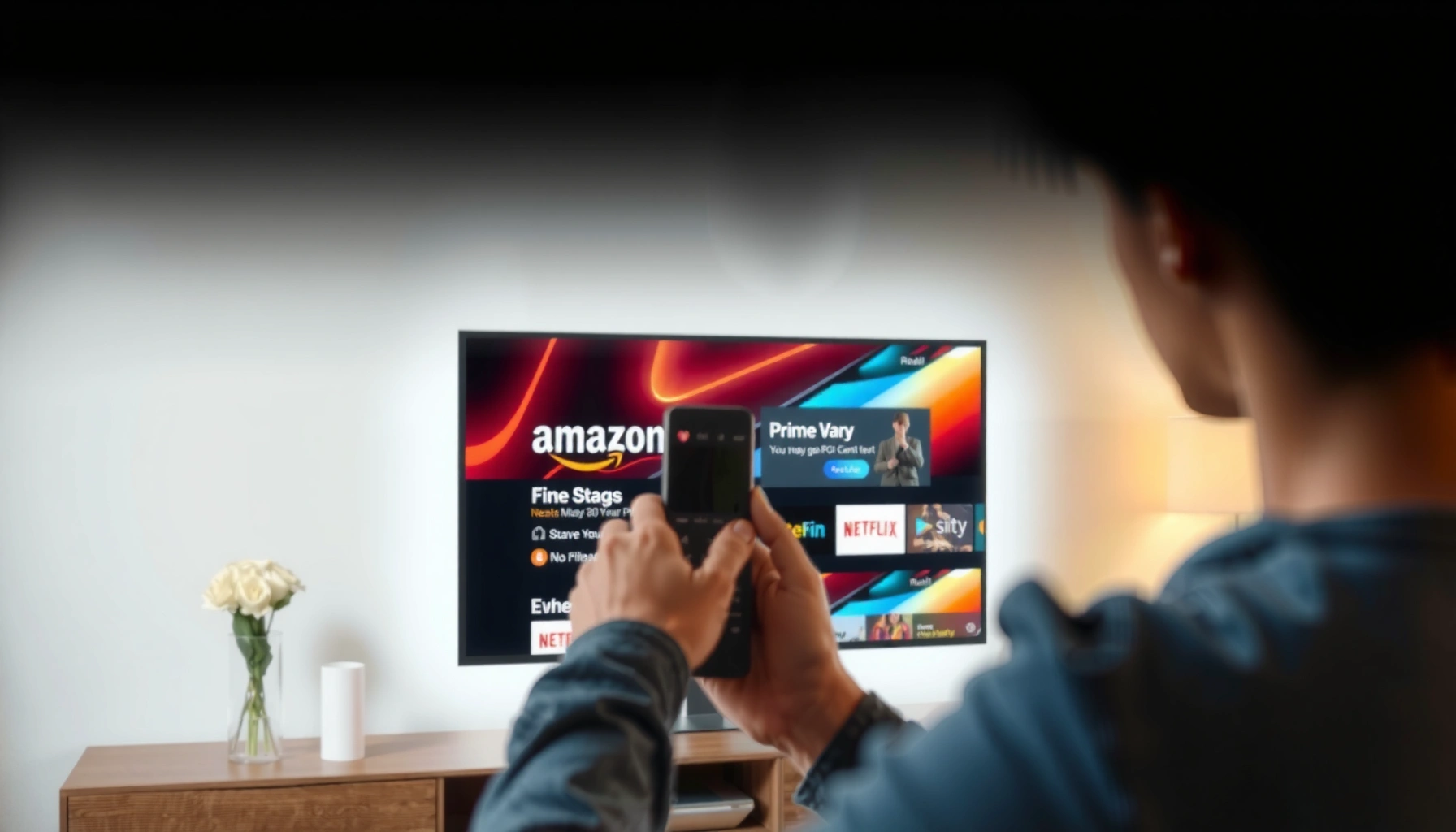 A person using a smart TV remote to access Amazon Prime Video streaming service.
