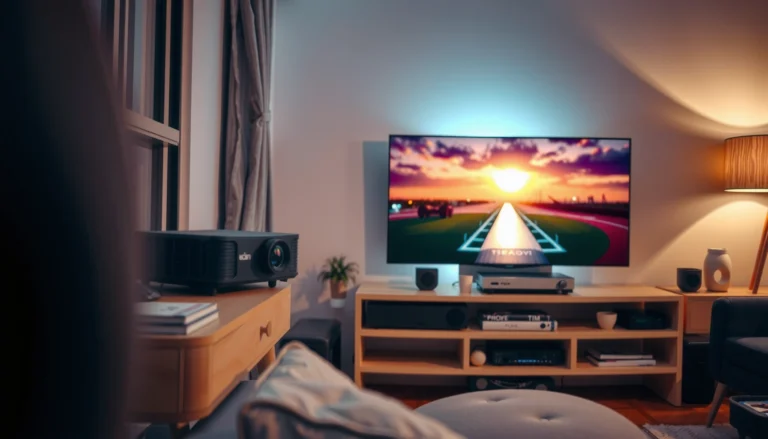 A projector displaying live TV content in a home theater setup.