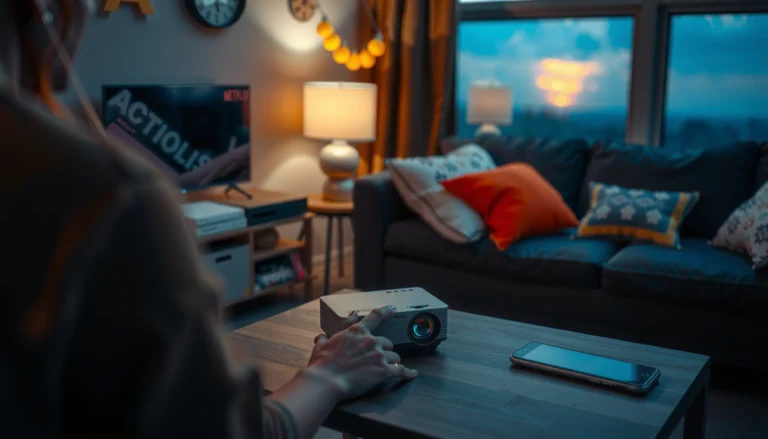 A mini projector displaying Netflix content on a screen in a cozy living room setup.