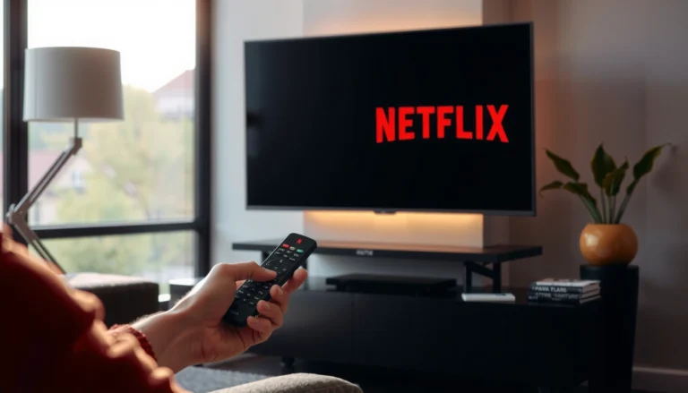 A person using a smart TV remote to watch Netflix, showcasing the streaming interface.
