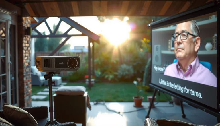 A projector set up outside during the day, demonstrating how to watch movies in bright conditions.