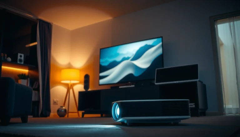 A person watching regular TV on a projector screen in a cozy living room setting.