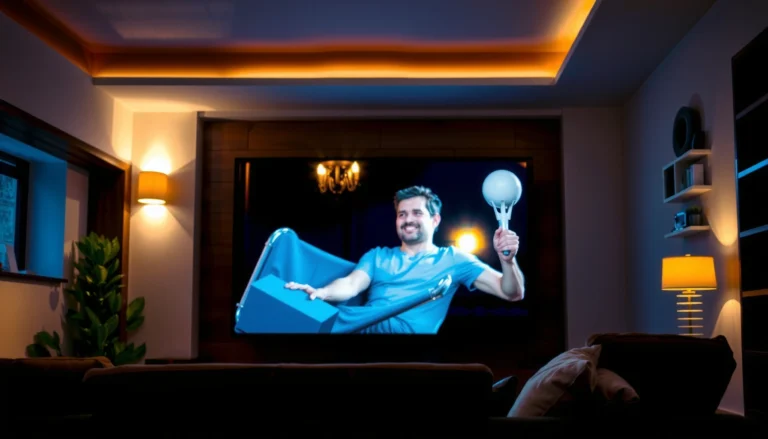 Person watching TV on a large projector screen in a cozy living room setting.