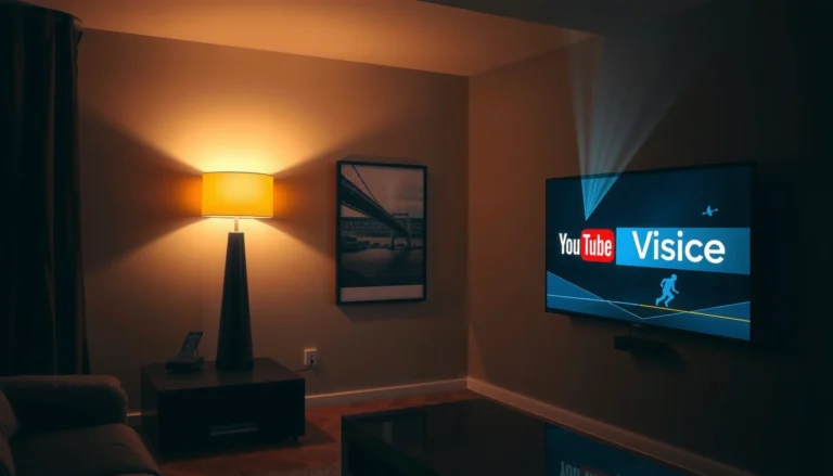 A person viewing YouTube TV on a large projector screen in a cozy living room.