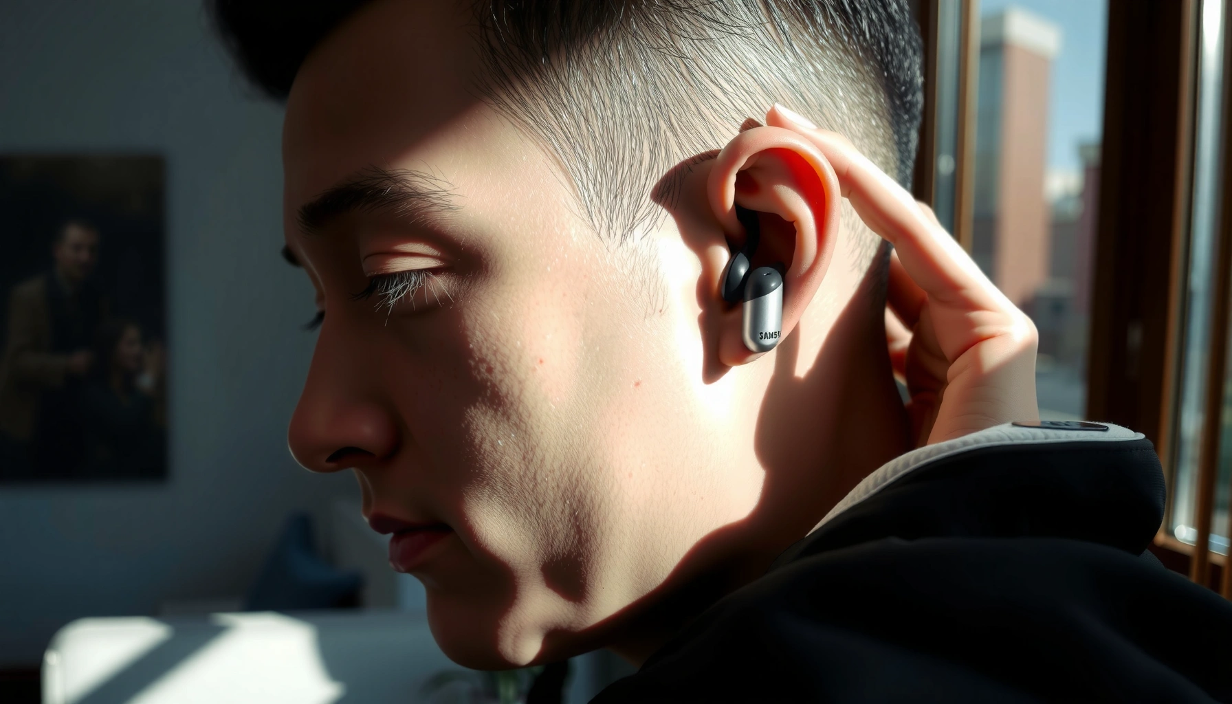 Person demonstrating how to wear Samsung earbuds with proper fit and placement tips.