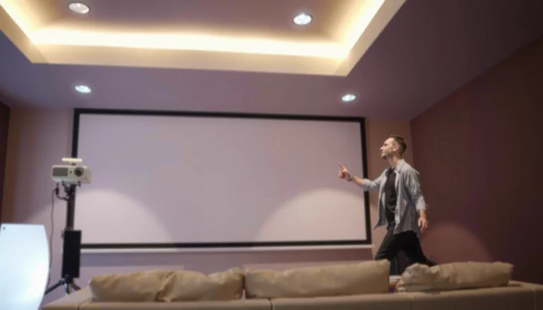 A projector displaying images on a white wall, illustrating the importance of wall color for projection quality.