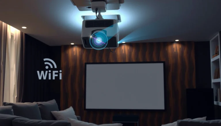 A projector displaying an image with a WiFi symbol, illustrating the connection options for projectors.