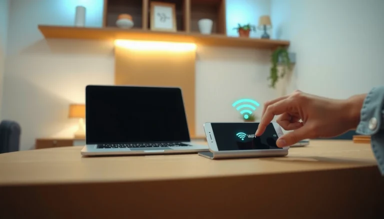 Step-by-step guide for setting up WiFi on any device, showcasing various devices and connection steps.