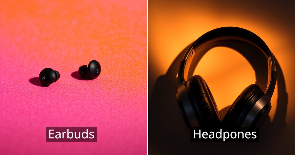 A split scene showcasing a pair of sleek earbuds on one side, elegantly resting on a vibrant, textured surface, and on the other side, a set of stylish over-ear headphones, artistically illuminated against a soft background. The contrasting styles and designs highlight the unique features of each, with subtle labels emphasizing "Earbuds" and "Headphones.